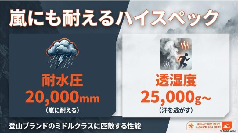 耐水圧20,000mm（嵐に耐える）、透湿度25,000g以上（汗を逃がす）というスペックが、登山ブランドのミドルクラスに匹敵することを示すスライド