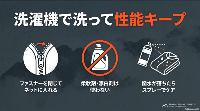 ファスナーを閉じてネットに入れる、柔軟剤・漂白剤は使わない、撥水が落ちたらスプレーでケアするという3つのメンテナンスポイントを示すスライド