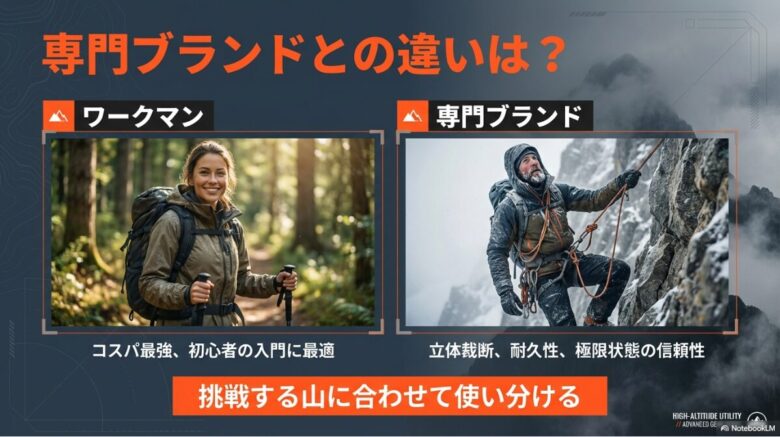 ワークマン（コスパ最強・入門に最適）と専門ブランド（立体裁断・耐久性・極限状態の信頼性）を比較し、挑戦する山に合わせて使い分けることを推奨するスライド。