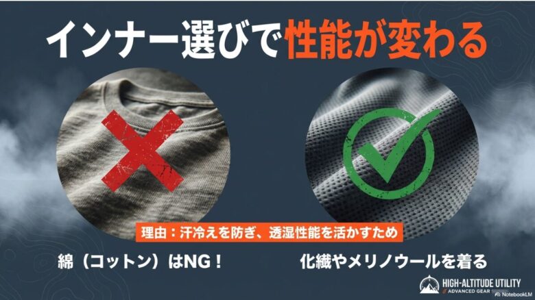 汗冷えを防ぐため、綿（コットン）はNG、化繊やメリノウールを着ることで透湿性能を活かすことを説明するスライド