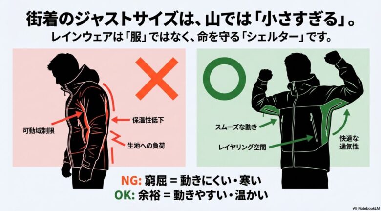 登山でのNGな窮屈なサイズと、OKな余裕のあるサイズを比較したイラスト。窮屈なサイズは可動域の制限や保温性低下を招き、余裕のあるサイズはスムーズな動きと通気性を確保することを示している