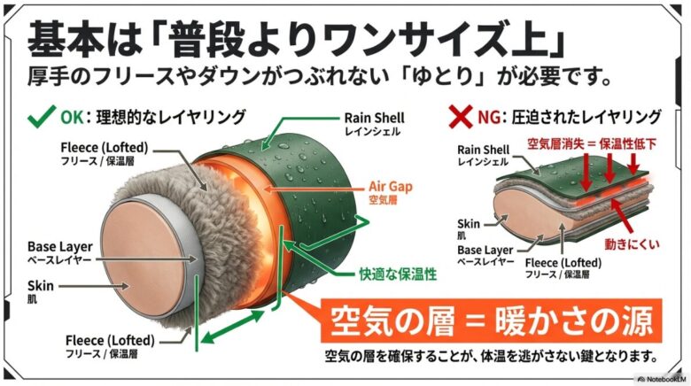 理想的なレイヤリングと圧迫されたレイヤリングの断面図。適切なゆとりによって確保された空気の層が暖かさの源であり、圧迫されると空気層が消失して保温性が低下することを説明している。
