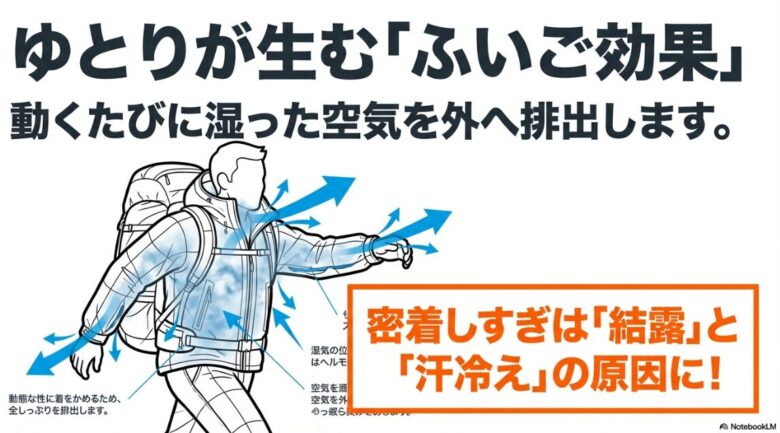 レインウェア内の空気が動くことで湿った空気を外へ排出する「ふいご効果」の解説図。密着しすぎが結露や汗冷えの原因になることを警告している