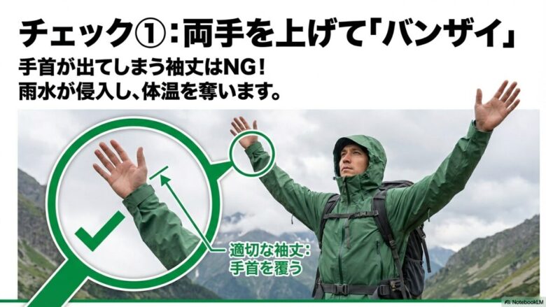 両手を上げた際に手首が露出してしまうNGな袖丈と、手首をしっかり覆う適切な袖丈を比較した写真。