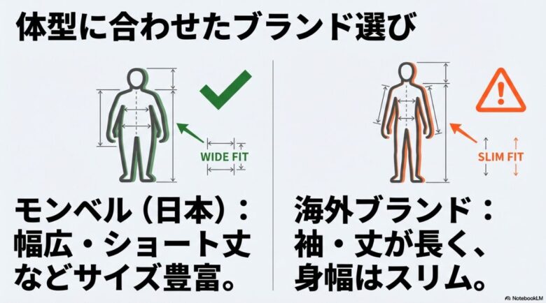 日本ブランド(モンベル)の幅広・ショート丈などの豊富なサイズ展開と、海外ブランドの袖・丈が長く身幅がスリムな設計を比較した体型シルエット図