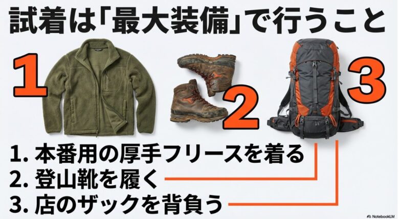 本番用の厚手フリース着用、登山靴の装着、店のザックを背負うという、実戦に近い状態での試着手順を示したイメージ。