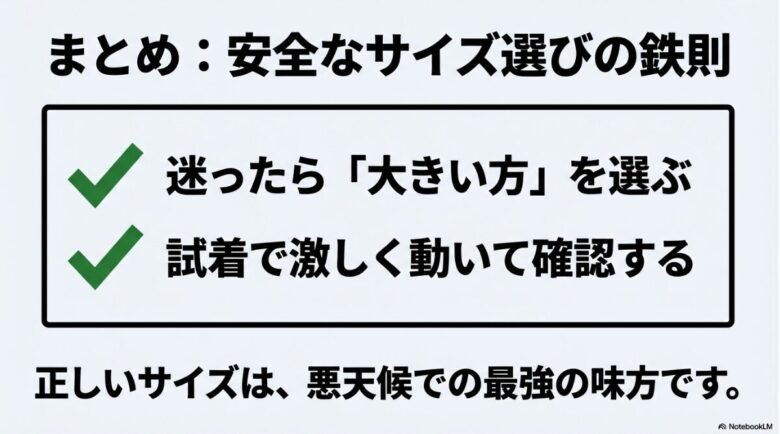 「迷ったら大きい方を選ぶ」「試着で激しく動いて確認する」というサイズ選びの鉄則をまとめたスライド