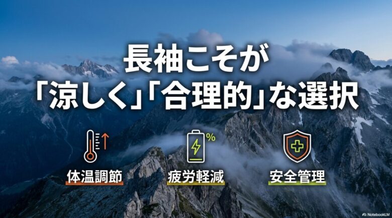 夏登山のベースレイヤーに長袖を選ぶメリットとして、体温調節、疲労軽減、安全管理の3つのポイントを挙げたスライド画像。