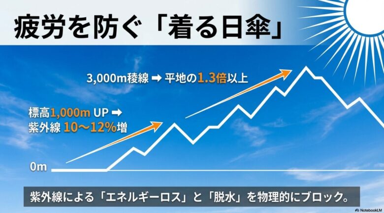 標高が1,000m上がるごとに紫外線が10〜12%増加し、3,000mの稜線では平地の1.3倍以上になることを示し、長袖がエネルギーロスと脱水を防ぐ「着る日傘」であることを解説する図。