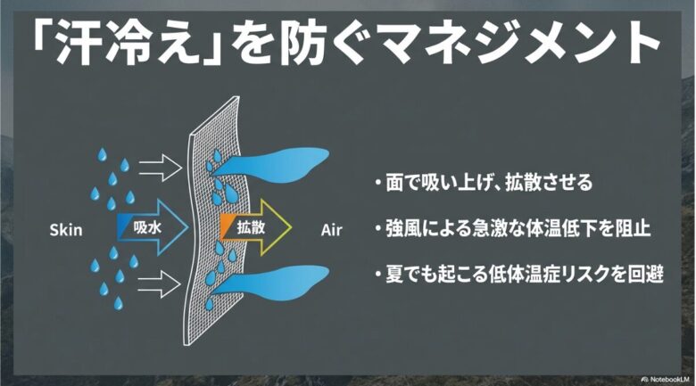 肌の汗を生地が面で吸い上げ、外気へ拡散させるプロセスを示すイラスト。強風による急激な体温低下や低体温症リスクを回避する効果を説明。