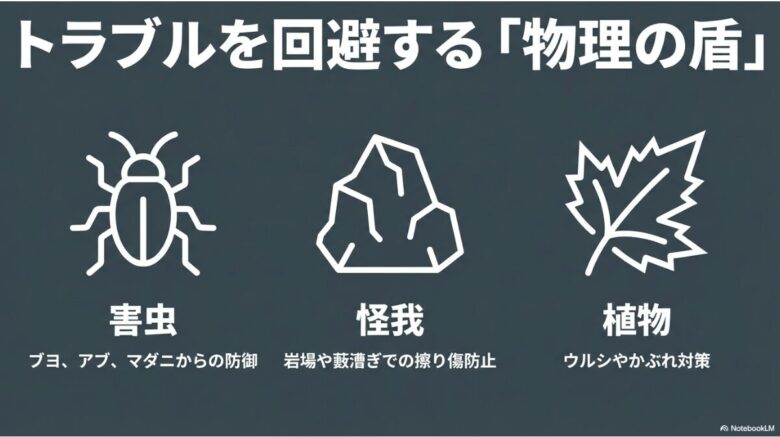 ブヨ・アブ・マダニなどの害虫、岩場での怪我、ウルシ等によるかぶれから身体を守る「物理の盾」としての長袖の役割を示すアイコン画像。