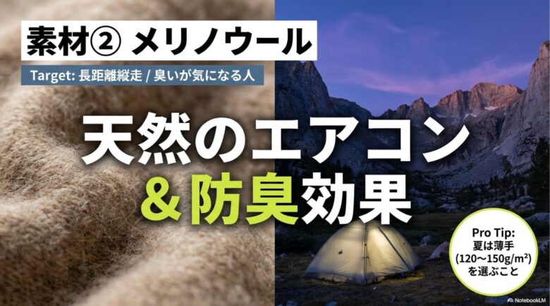 天然のエアコン機能と防臭効果を持つメリノウールの紹介。夏山では120〜150g/m2の薄手を選ぶべきというプロのコツを掲載