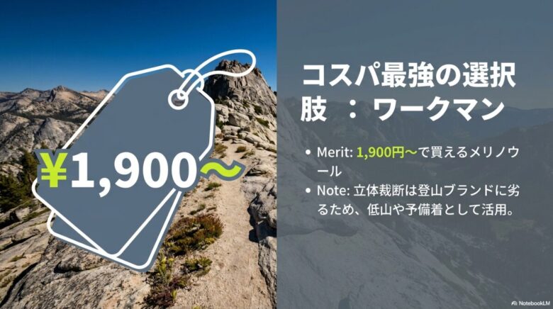 1,900円から購入可能なワークマンのメリノウールの紹介。登山ブランドに比べ立体裁断は劣るが、低山や予備着として有効である旨の解説