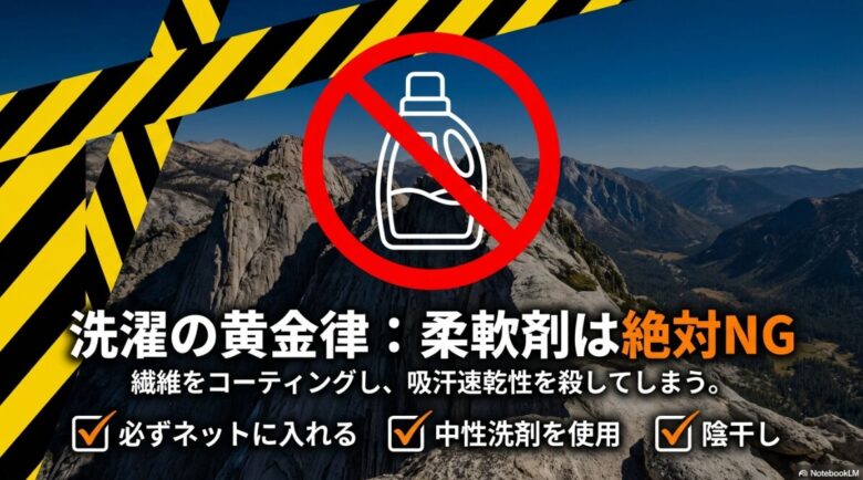 吸汗速乾性を損なわないために柔軟剤を絶対NGとし、ネット使用、中性洗剤、陰干しを推奨する洗濯の黄金律をまとめた画像。