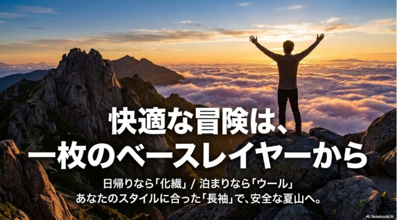 日帰りなら化繊、泊まりならウールというスタイルに合わせた選び方を提示し、安全な夏山登山を促すまとめ画像