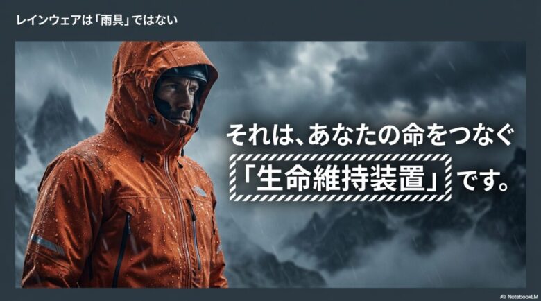激しい雨の中でオレンジ色の高機能レインウェアを着用し、過酷な山岳環境に立ち向かう登山者の姿