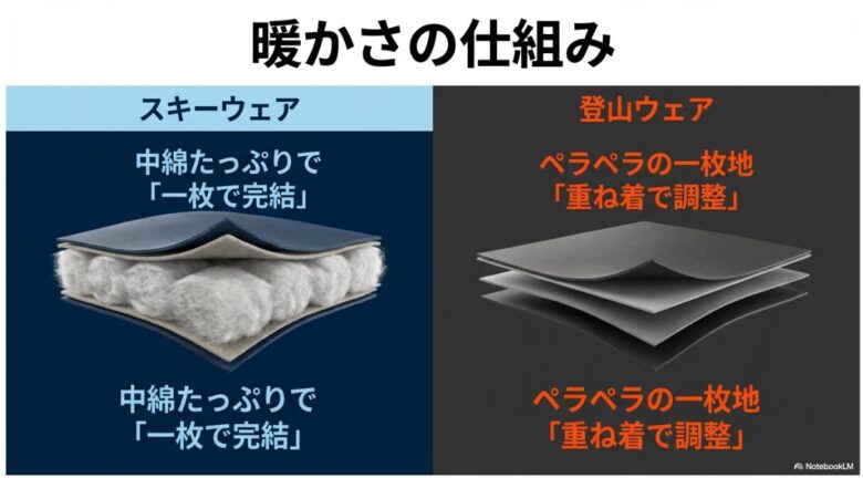 スキーウェアは「中綿たっぷりで一枚で完結」、登山ウェアは「ペラペラの一枚地で重ね着で調整」という構造の違いを解説した図解