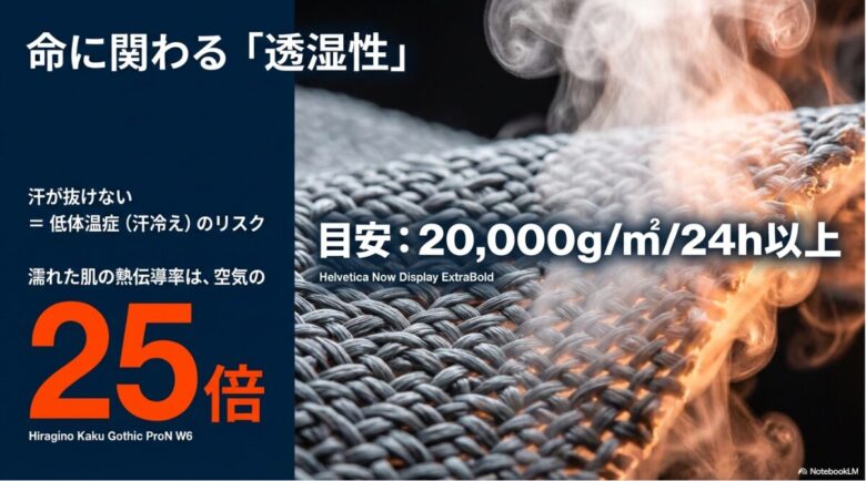 オレンジ色の大きな文字で「25倍」と書かれた画像。「濡れた肌の熱伝導率は、空気の25倍」であることを示し、低体温症（汗冷え）のリスクを強調しています