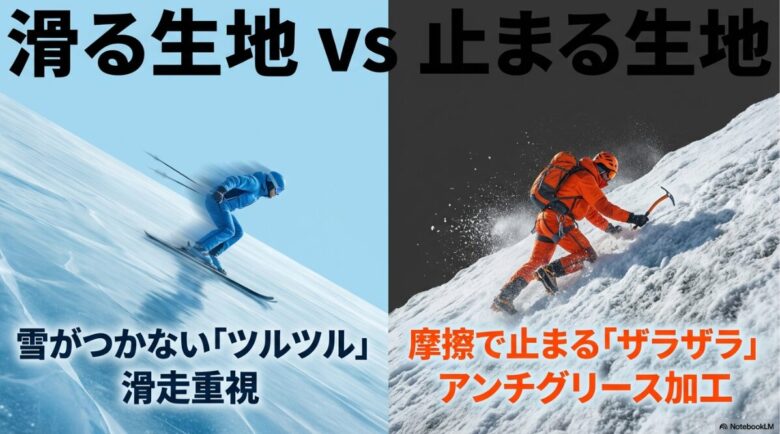 スキーウェアは雪がつかないツルツルした生地で滑走重視、登山ウェアは摩擦で止まるザラザラした「アンチグリース加工」であることの比較