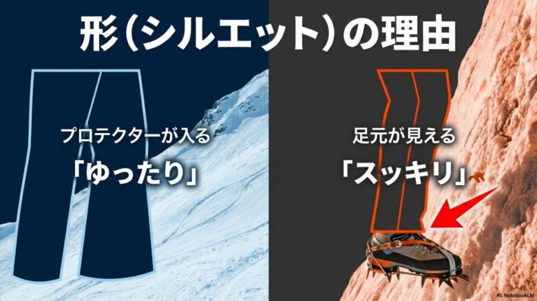 スキーウェアはプロテクターが入る「ゆったり」シルエット、登山ウェアは足元が見える「スッキリ」シルエットであることを示す比較図。