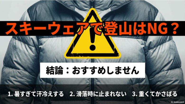 1.暑すぎて汗冷えする、2.滑落時に止まれない、3.重くてかさばる、というスキーウェア登山のデメリットをまとめたリスト