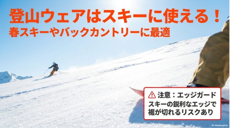 登山ウェアはスキーに使えるが、スキーの鋭利なエッジで裾が切れるリスク（エッジガードの重要性）があることを示すスライド