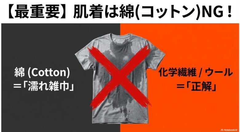 濡れたグレーのTシャツに大きな赤い×印がついた画像。綿は「濡れ雑巾」状態になり危険である一方、化学繊維やウールが「正解」であることを示しています。