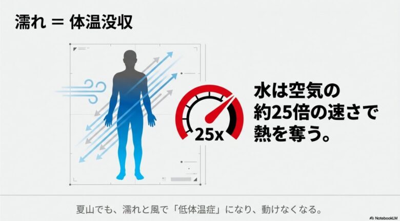 水は空気の約25倍の速さで熱を奪うことを示す図解。夏山でも濡れと風によって低体温症のリスクがあることを警告している。