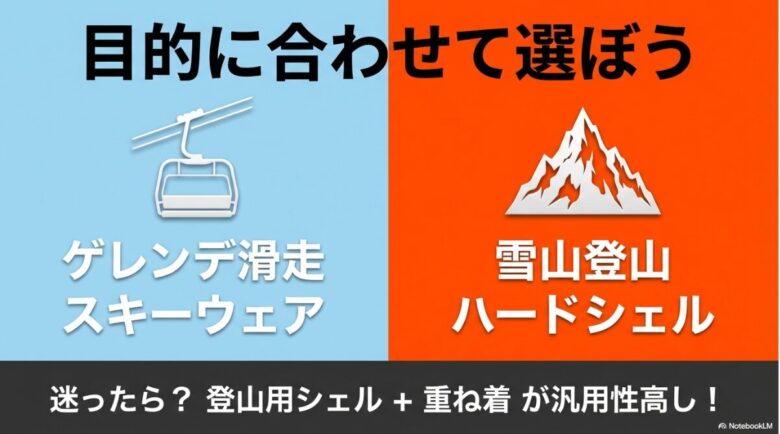 ゲレンデ滑走ならスキーウェア、雪山登山ならハードシェルを選び、迷ったら登山用シェルと重ね着の組み合わせが汎用性が高いことを示すまとめのスライド