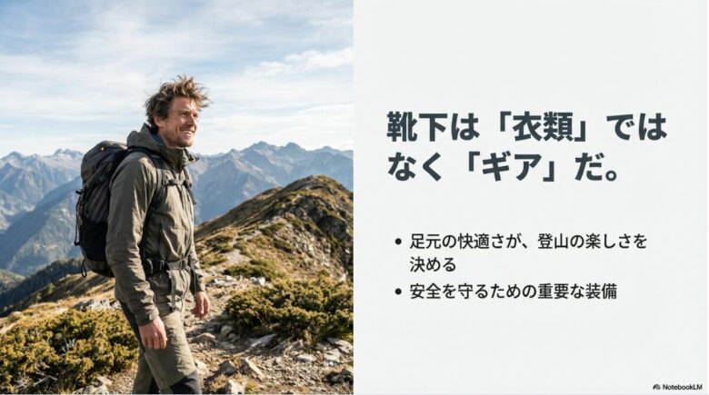 山道を歩く登山者の写真とともに、「靴下は衣類ではなくギアだ。足元の快適さが登山の楽しさを決め、安全を守るための重要な装備」と記載されたスライド
