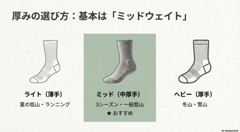 厚みの選び方を解説したスライド。ライト（薄手）は夏の低山・ランニング、ミッド（中厚手）は3シーズン・一般登山におすすめ、ヘビー（厚手）は冬山・雪山用と分類されている。