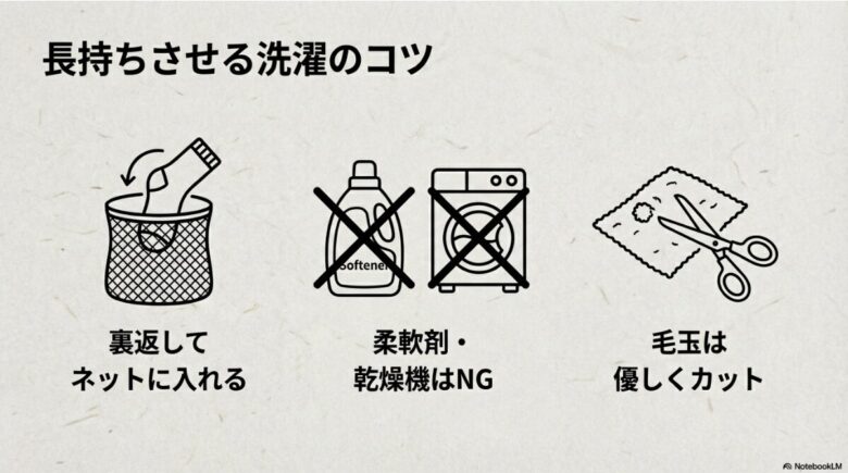 洗濯のコツをアイコンで示したスライド。裏返してネットに入れること、柔軟剤・乾燥機はNGであること、毛玉は優しくカットすることを説明している。