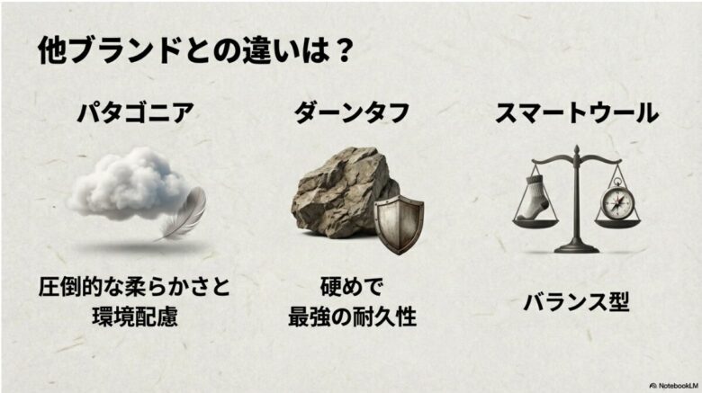 天秤と岩のイラストとともに、パタゴニア（柔らかさと環境配慮）、ダーンタフ（硬めで最強の耐久性）、スマートウール（バランス型）の違いを示すスライド。