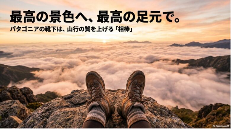 美しい山の景色を背景に、「最高の景色へ、最高の足元で。パタゴニアの靴下は、山行の質を上げる『相棒』」というメッセージが書かれた結びのスライド
