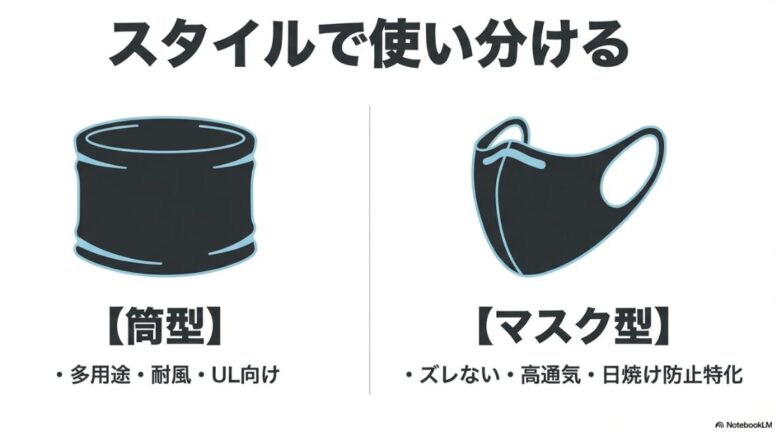 多用途な「筒型」と、ズレにくく通気性に特化した「マスク型」の形状比較とそれぞれのメリットのまとめ