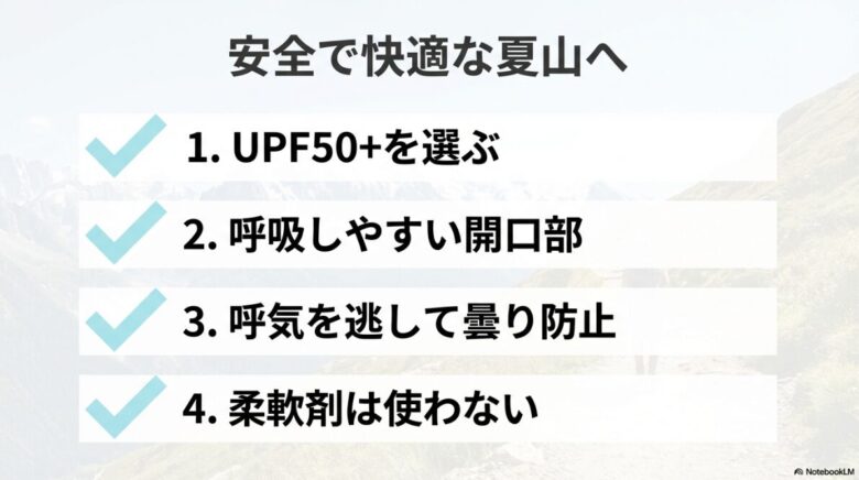 安全な夏山のために、UPF50+の選択、開口部による呼吸確保、曇り防止、正しいメンテナンスの4点をまとめた結論スライド