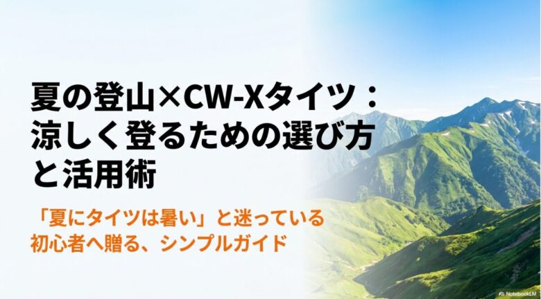 夏の登山におけるCW-Xタイツの選び方と活用術を解説するスライドの表紙画像。