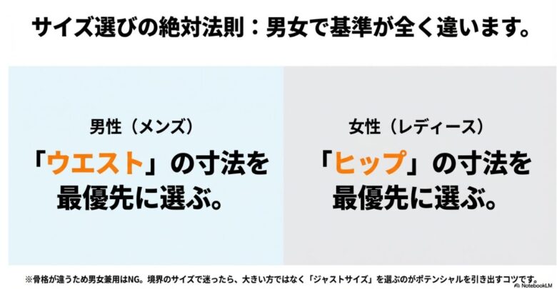 メンズはウエスト、レディースはヒップを優先し、ジャストサイズを選ぶことを推奨するサイズ選びのスライド。