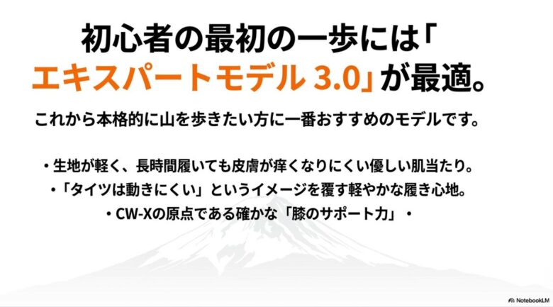 軽やかな履き心地と確かな膝サポートを両立した、初心者におすすめのエキスパートモデル3.0の紹介スライド
