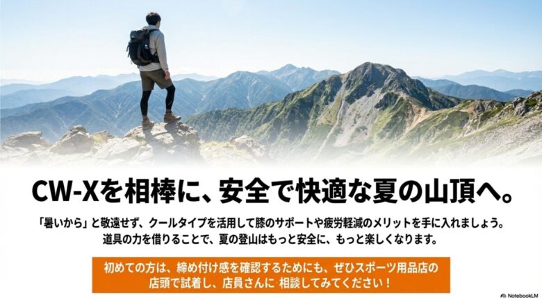 クールタイプを活用して安全に夏山を楽しむことを提案し、店頭での試着を推奨するエンディングスライド。