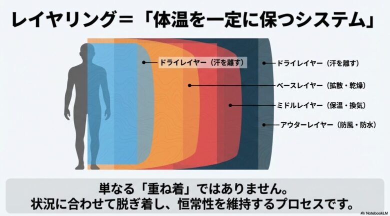 ドライ・ベース・ミドル・アウターの4層構造と、それぞれの役割（汗を離す、拡散、保温、防風）を解説したレイヤリング構造図