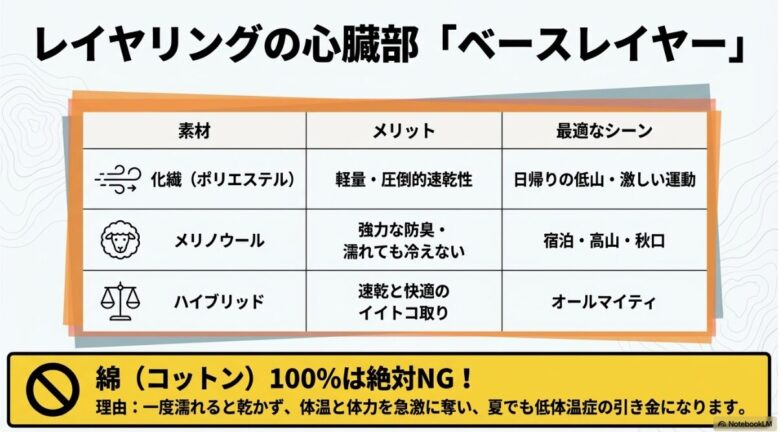 化繊（ポリエステル）、メリノウール、ハイブリッド素材それぞれのメリットと最適な登山シーンをまとめた比較表