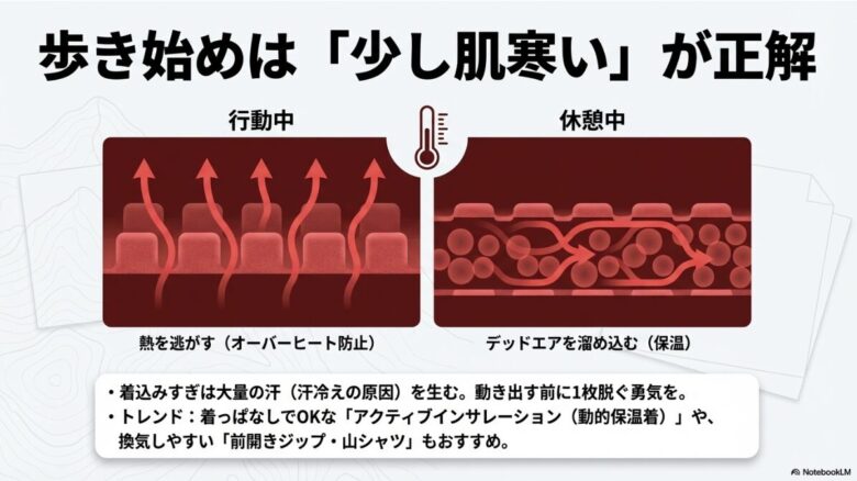 行動中は熱を逃がしてオーバーヒートを防ぎ、休憩中はデッドエアを溜め込んで保温するグリッドフリースの機能解説図