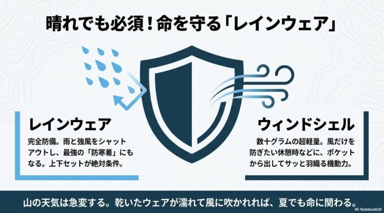 雨と強風を遮断する上下セットのレインウェアと、軽量で機動力に優れたウィンドシェルの使い分け解説