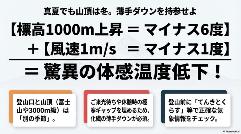 標高1000m上昇でマイナス6度、風速1mでマイナス1度という計算に基づく、山頂での急激な体感温度低下の解説