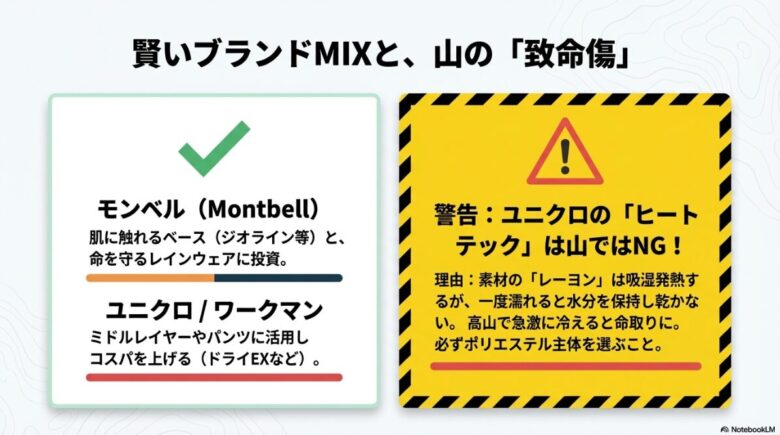 モンベルとユニクロ・ワークマンの併用例と、レーヨン素材（ヒートテック等）が山でNGとされる理由の解説