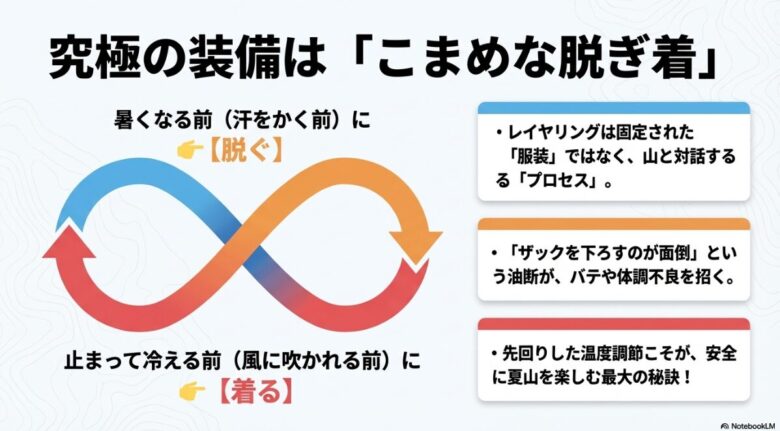 汗をかく前に脱ぎ、冷える前に着るという、安全な夏山登山のための先回りした温度調節プロセスの図解
