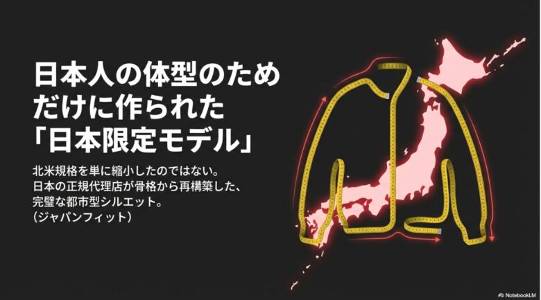 日本地図とメジャーで形作られたジャケットのイラスト。日本の正規代理店が骨格から再構築した日本限定モデル(ジャパンフィット)の説明