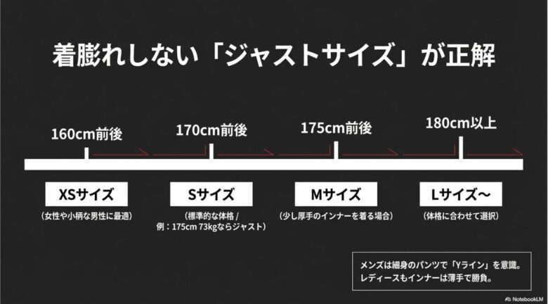 160cm前後から180cm以上までの身長別推奨サイズ表。175cm 73kgならSサイズがジャストといった具体的なサイズ目安