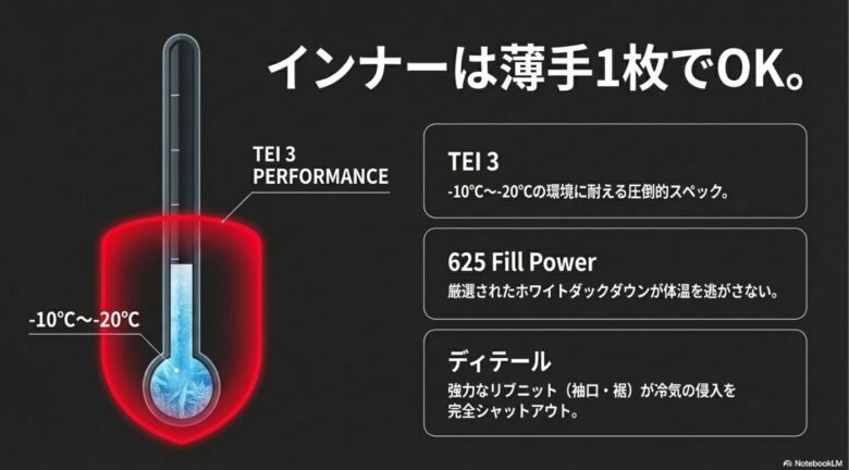 TEI 3(マイナス10度からマイナス20度対応)のスペック、625フィルパワーのホワイトダックダウン、強力なリブニットの解説図